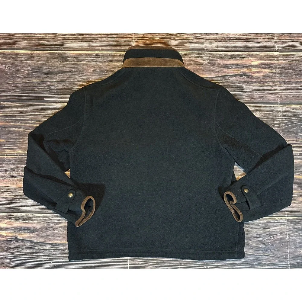 Vintage Polo Ralph Lauren Fleece Jacket Men's XL Black With Brown Leather Trim